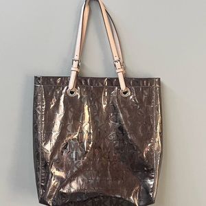 Michael Kors Logo Mirror Metallic Bronze Monogram Tote City Bag Purse Large